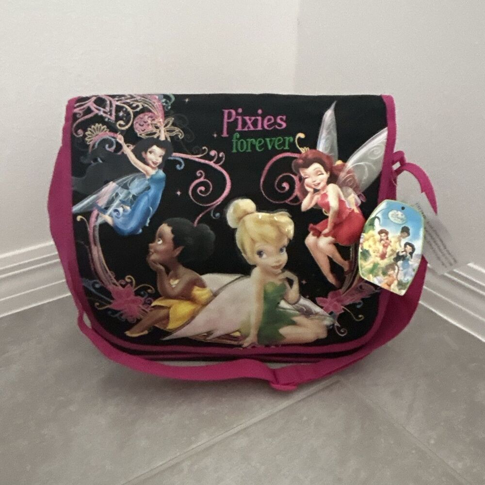 Disney Fairies Tinker Bell Medium Shoulder Bag Black/Pink New tag size 14 x 12”